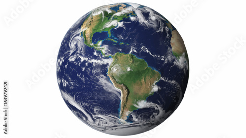 Realistic vector illustration of planet Earth isolated on white. A detailed globe graphic showing the Americas, oceans, and clouds for design projects.