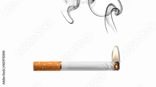 Conceptual image of a burning cigarette representing addiction, habit, and health risks, isolated on a white background with copy space.