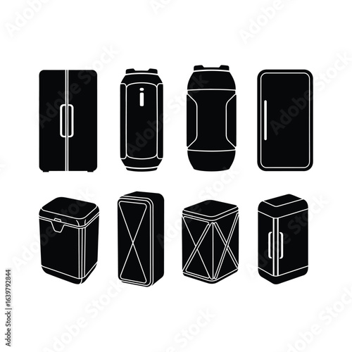 A versatile icon set of modern refrigerators and high-tech coolers. Collection of advanced futuristic containers for smart home concepts.