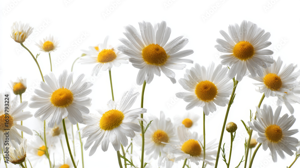 Fototapeta premium Collage of fresh white chamomile flowers with yellow centers isolated on white background