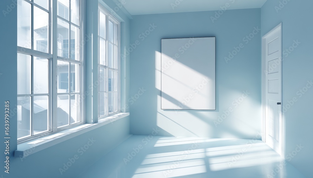 Fototapeta premium Light-filled, pastel-blue room with large windows