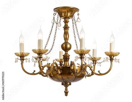 Ornate antique-style brass chandelier with crystal accents.