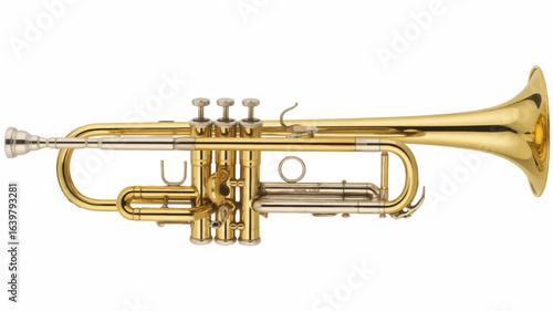 A beautifully detailed vector illustration of a classic golden trumpet. This shiny brass wind musical instrument is isolated on a white background, perfect for music concepts.