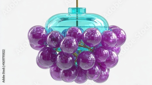 Fototapeta Naklejka Na Ścianę i Meble -  Stylized 3D grape cluster with glossy violet hues and cyan fermentation tank schematic