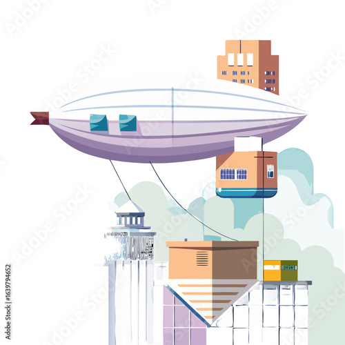 Autonomous delivery blimp unloading cargo at skyscraper rooftop