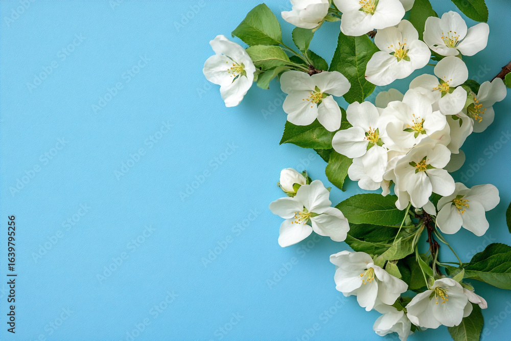 Fototapeta premium A beautiful cluster of white spring blossoms and green leaves gracefully arranged on a light blue background. 