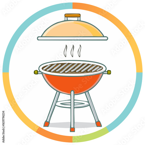 Cartoon Style Grill with Open Lid and Rising Smoke in a Colorful Segmented Circle Frame