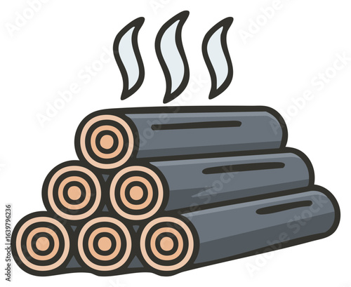 Pile of steaming firewood logs cut cross-section view and stacked for heating warm energy concept