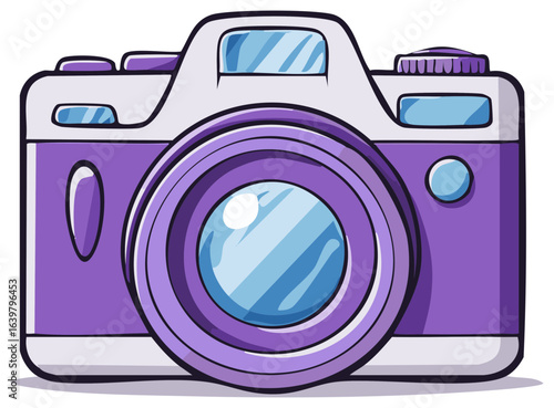Purple and White Camera Illustration with Lens Reflection and Black Outline