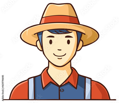 Cartoon style illustration of a farmer wearing overalls and a straw hat smiles gently