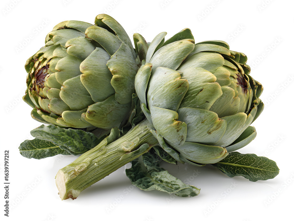 Fototapeta premium Two fresh artichokes with leaves on white background