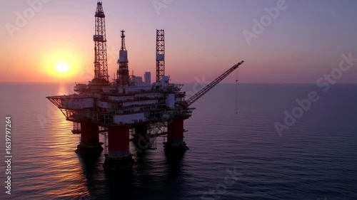 Dynamic Aerial Orbit of a Massive Offshore Oil Rig Silhouetted by a Vibrant Ocean Sunset