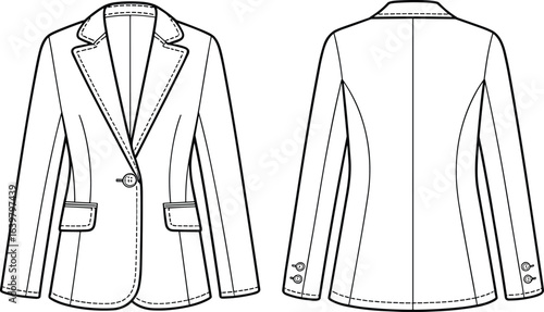 Blazer jacket CAD drawing, flat vector illustration, formal wear design, tailored clothing outline, fashion garment sketch, stylish business coat front back view