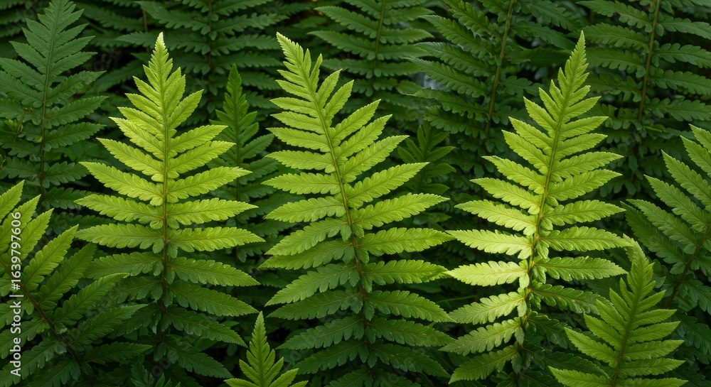Obraz premium A dense arrangement of bright green fern fronds some brightly illuminated