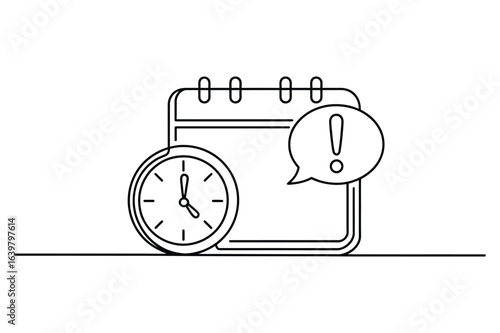 One Line Drawing of Alarm Clock with Speech Bubble – Minimal Reminder Vector Illustration