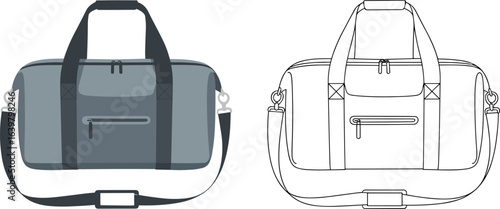 Duffel bag CAD drawing, flat vector travel bag illustration, shoulder strap luggage design template, gym sports bag technical sketch, fashion accessory vector outline