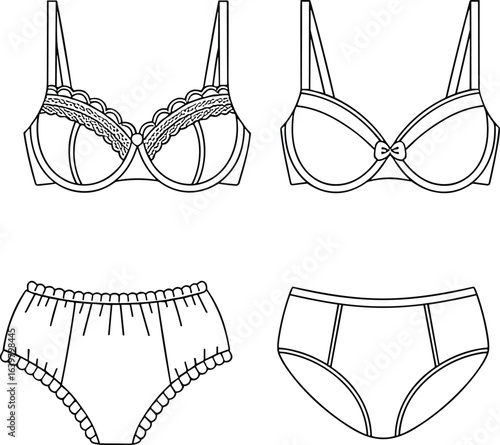 Lingerie CAD drawing, flat vector underwear pattern illustration, bra and panties technical design, intimate apparel blueprint, front view fashion garment styles
