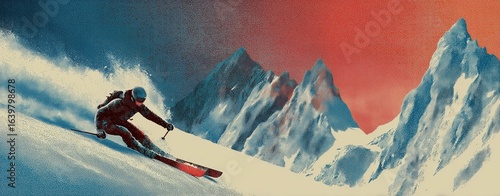 Minimalist retro ski poster with bold color blocks