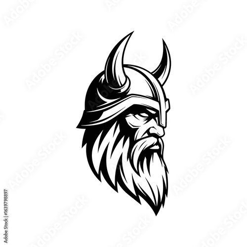 Monochrome illustration of a fierce Viking warrior head with a horned helmet and a long flowing beard in a bold graphic style.