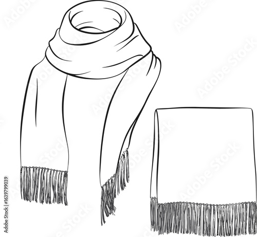 Scarf CAD drawing, flat vector illustration, winter accessory, fashion shawl, fringe edge design, warm clothing, modern apparel sketch, stylish wrap outline