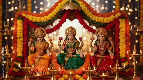 Ornate Hindu Goddess Idols in Vibrant Traditional Attire Displayed with Lit Candles and Garland Decorations for Spiritual Celebration