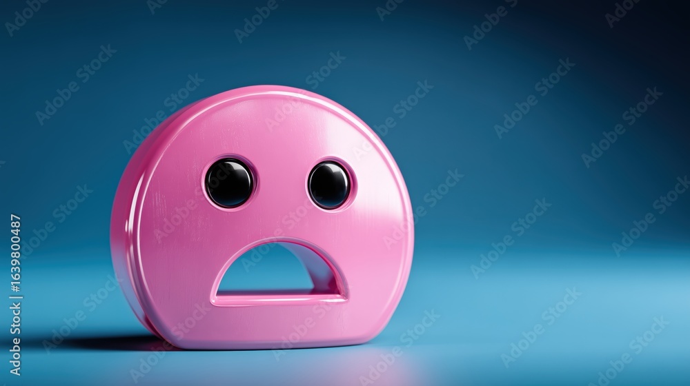 Fototapeta premium Pink stylized emoticon with a sad expression, conveying feelings of disappointment and unhappiness on a vibrant blue backdrop