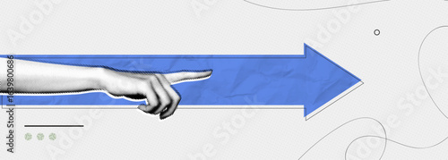 Trendy Halftone Collage Hand pointing finger and forward arrow. Business success and startup development. Social media marketing and promotion. Indicate direction. Contemporary art vector illustration