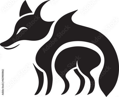 Silhouette style vector minimal fox logo design icon, modern black color simple line art animal illustration, creative unique branding symbol for Adobe Stock and digital graphic design projects