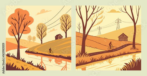 Autumn Countryside Vector with Cyclist and Wooden Barn