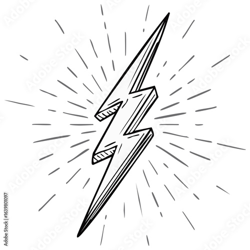 Hand-drawn lightning bolt doodle with radiant lines. Thunder sketch vector for energy, power, speed and quickness.