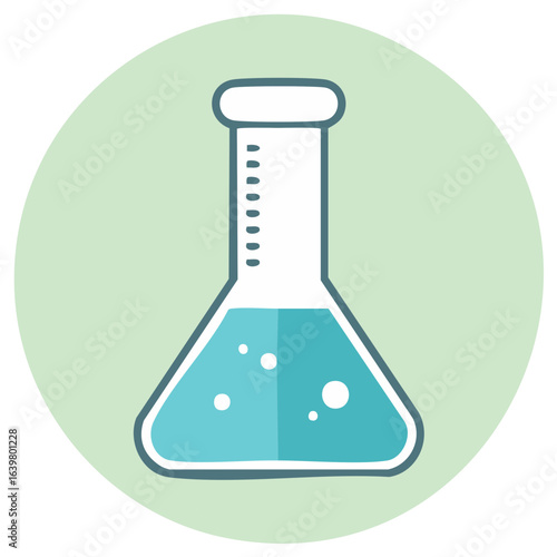 Blue Chemical Flask with Bubbles, Science Glassware Tool, Scientific Instrument and Green Round Background