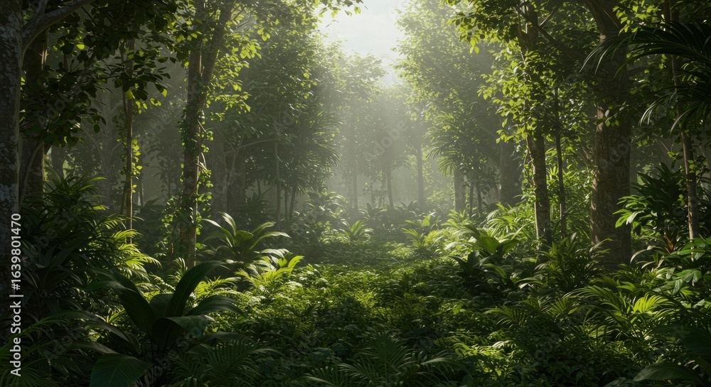 Fototapeta premium Dense sunlit jungle path with lush foliage and tall trees