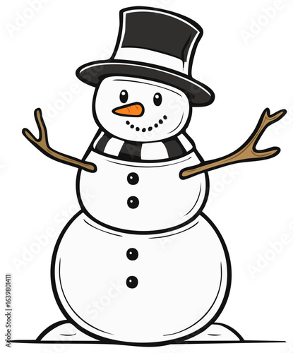 Cartoon drawing of a smiling snowman with a hat, scarf, carrot nose, and twig arms stands on a snowy base