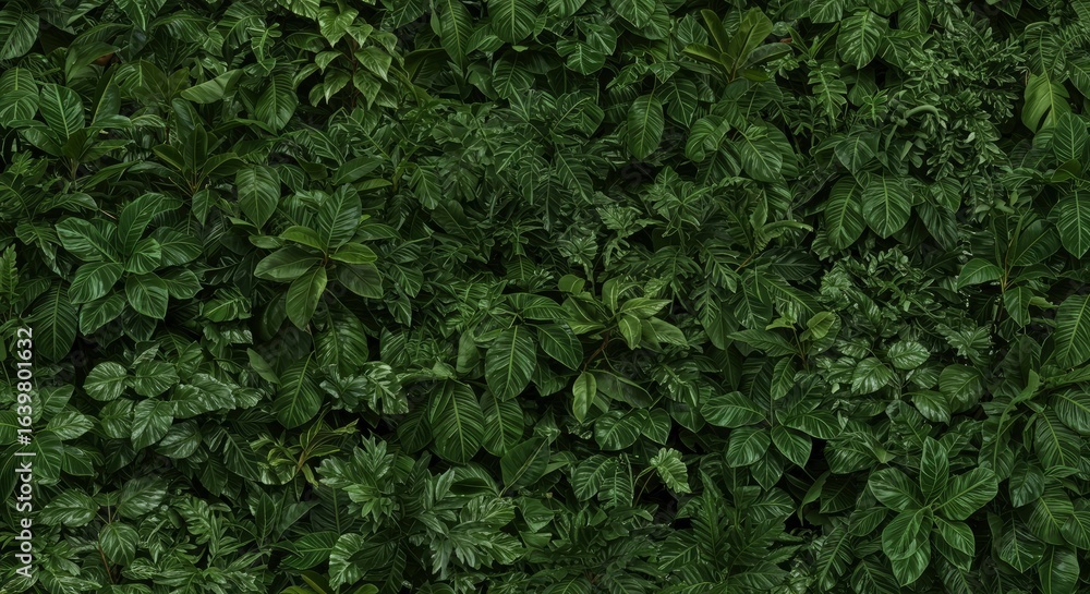Obraz premium Dense wall of lush green leaves and tropical foliage