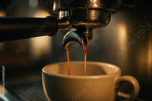 Close-up of espresso pouring from machine into cup with warm lighting