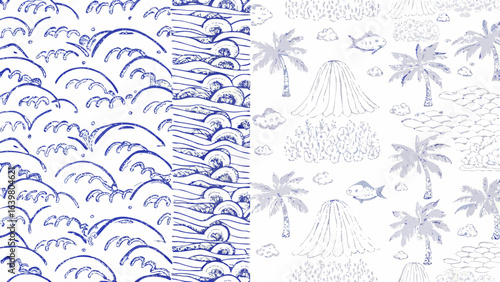 Illustration showing waves, palm trees, volcanoes, and fish in a blue and white color scheme design silhouette