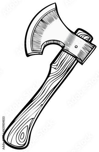 Woodcut illustration of an axe with a wooden handle and steel head, graphic tool with a vintage feel, for forest use