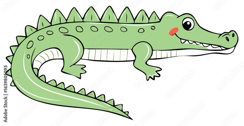 Obraz premium Friendly happy green cartoon alligator character with a big smile and spiky back