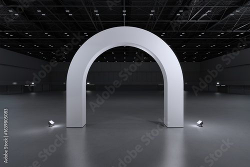 Empty archway for mockup and Corporate identity,Display design.Exhibition stand with light.Retail booth elements in big hall.booth Design trade show.Blank Booth system of Graphic Resources.3d render.