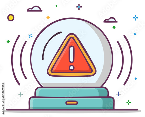 Crystal ball showing a warning symbol with radiating lines predicting future risk and problems