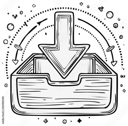 Black and white hand-drawn illustration depicting a download arrow entering a data box.