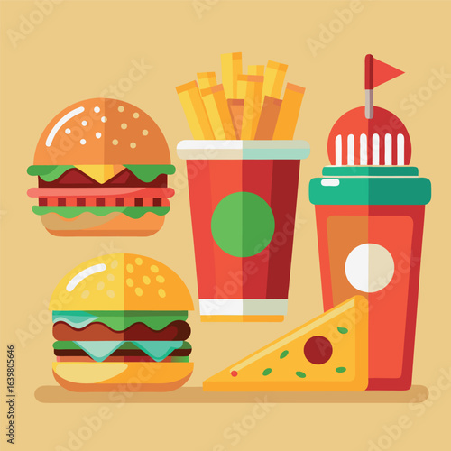 Illustrate a set of realistic fast-food icons—burger, fries, soda, pizza slice—with appealing shading and vibrant colors for menus 