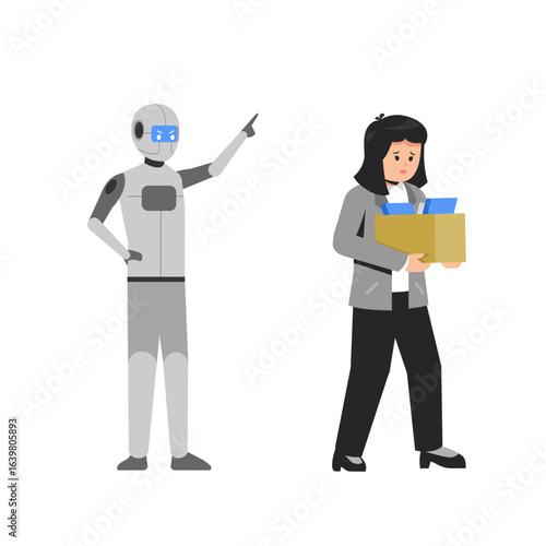 Fired Woman office worker leaving his workplace and humanoid robot staring at his, the impact of AI on employment
