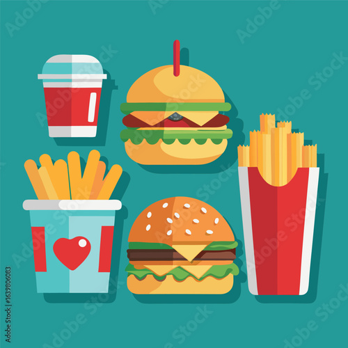 Illustrate a set of realistic fast-food icons—burger, fries, soda, pizza slice—with appealing shading and vibrant colors for menus or food apps.