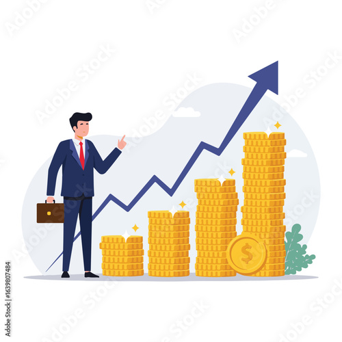 An illustration of a businessman with a briefcase, next to a large graph and rising stacks of coins.
