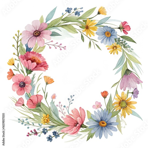 loose brushstroke watercolor wreath with mixed colorful flowers