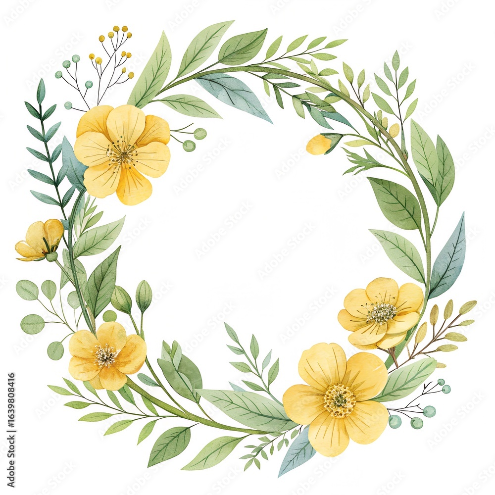 Fototapeta premium watercolor wreath with yellow buttercups and greenery