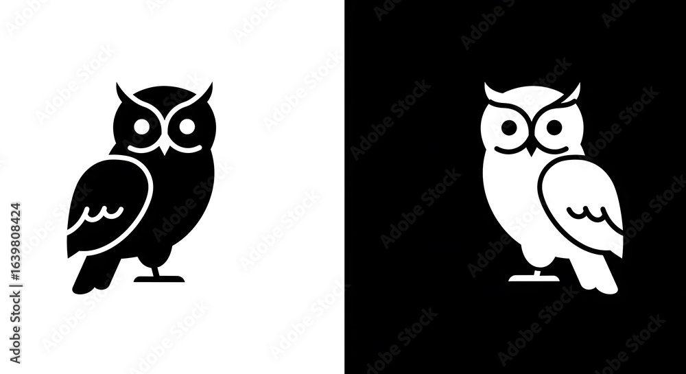 Fototapeta premium Two stylized black and white owl silhouettes, contrasting backgrounds.