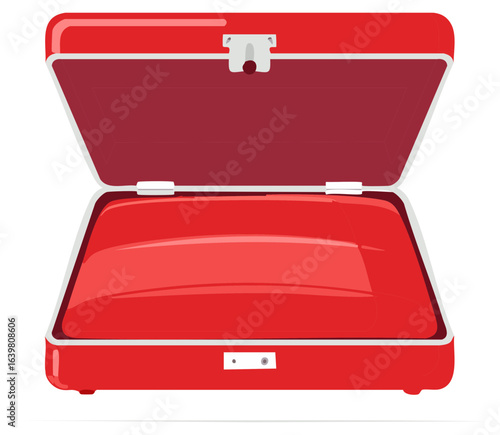 Bright red rectangular storage case or container with lid open and empty interior