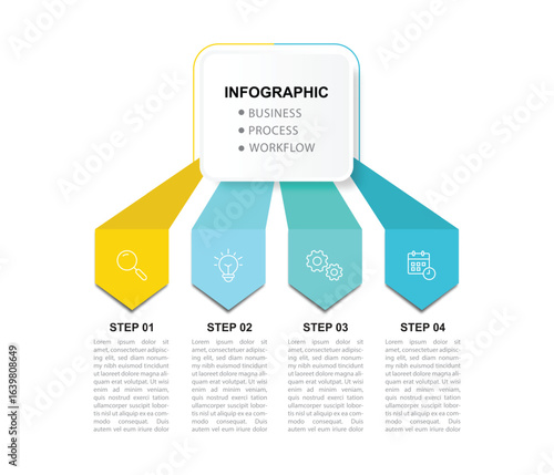 Modern template infographic with 4 step process and icons can be used for workflow, business information, presentation and data visualization